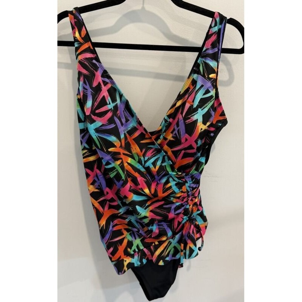 Longitude Womens One Piece Swimsut Black Bright Print Ruched Wrap Front 12
